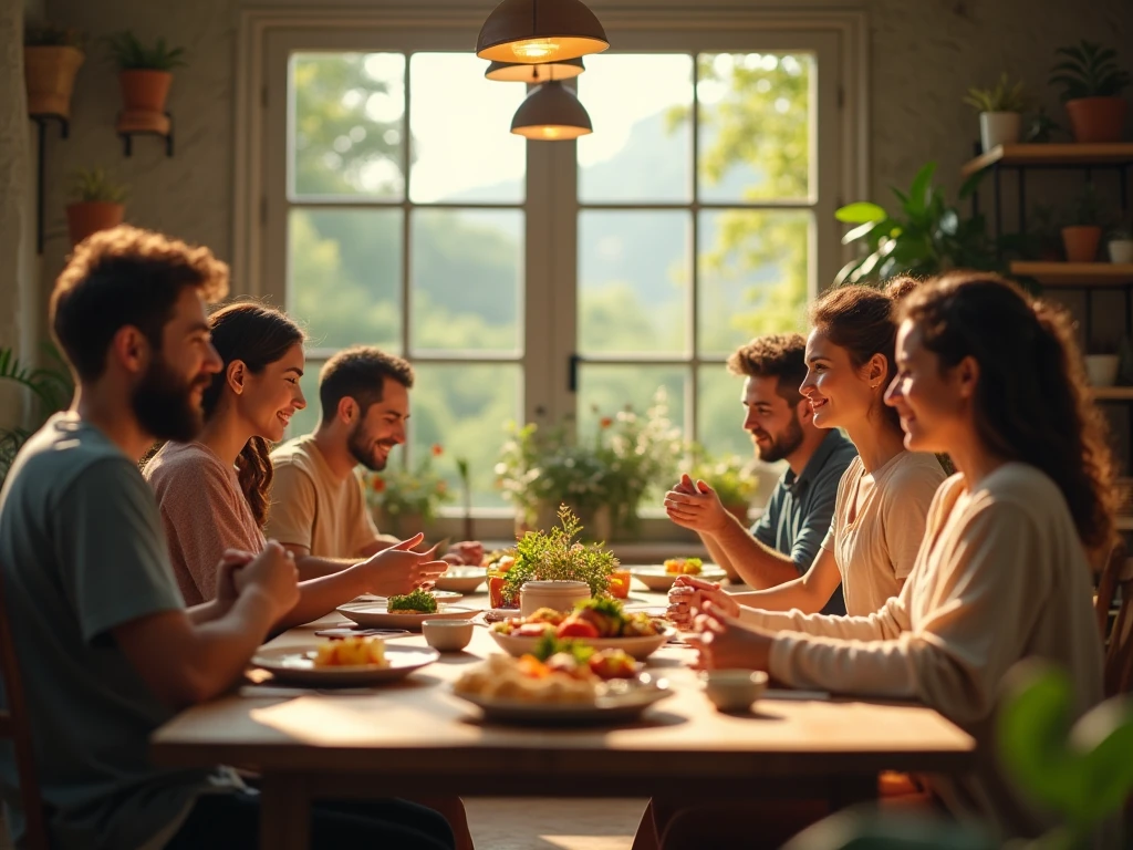 Friendly abstract scene suggesting meals and mindful pauses